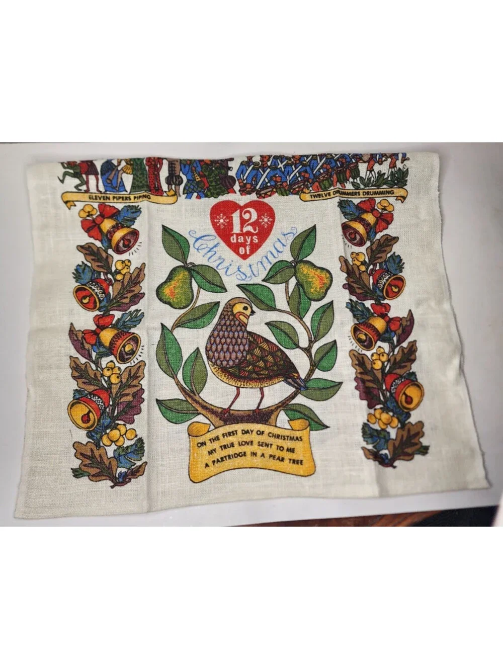 Vintage Tea and Pot Holder Linen Partridge In A Pear Tree 12 Days of Christmas